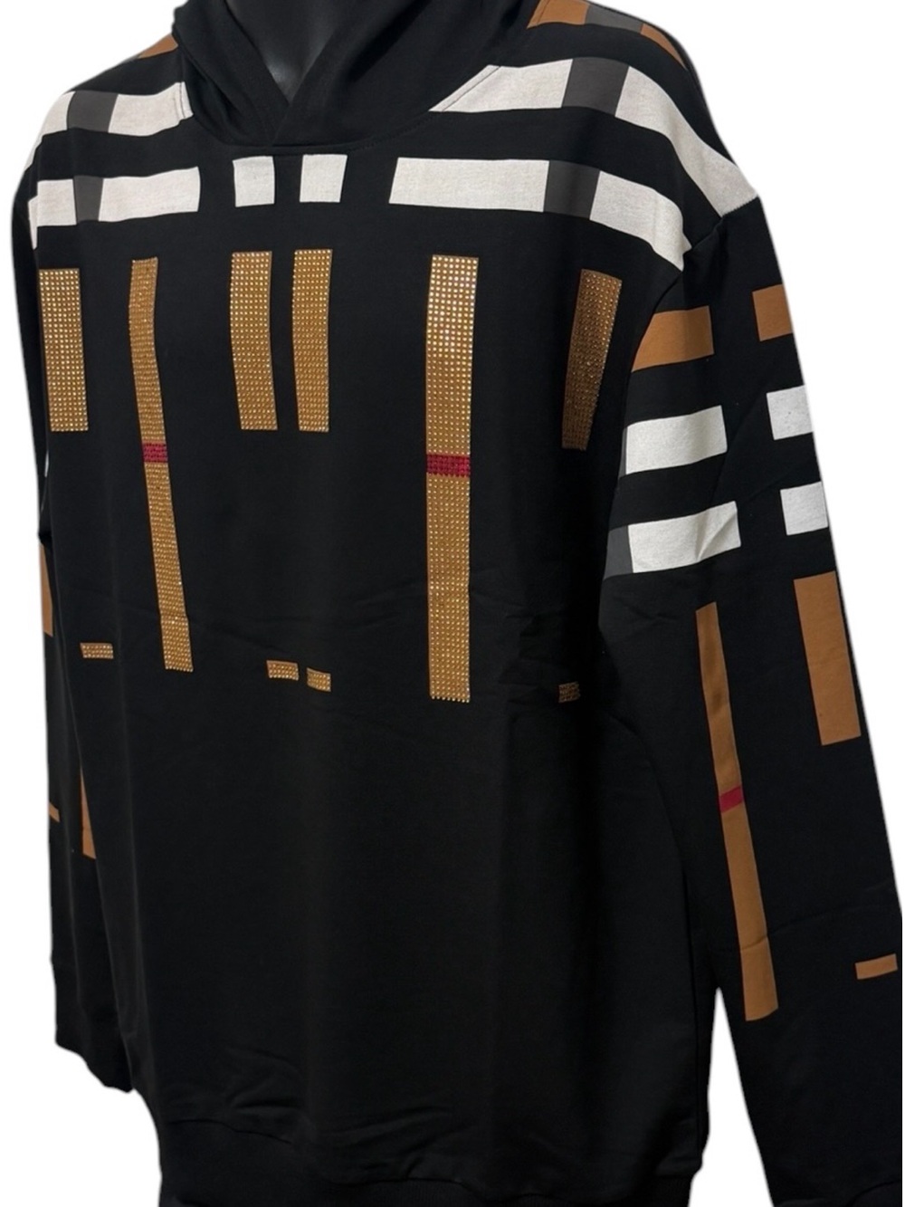 LAVERITA Black Hoodie with Geometric Tan, White & Red Block Pattern. new. large